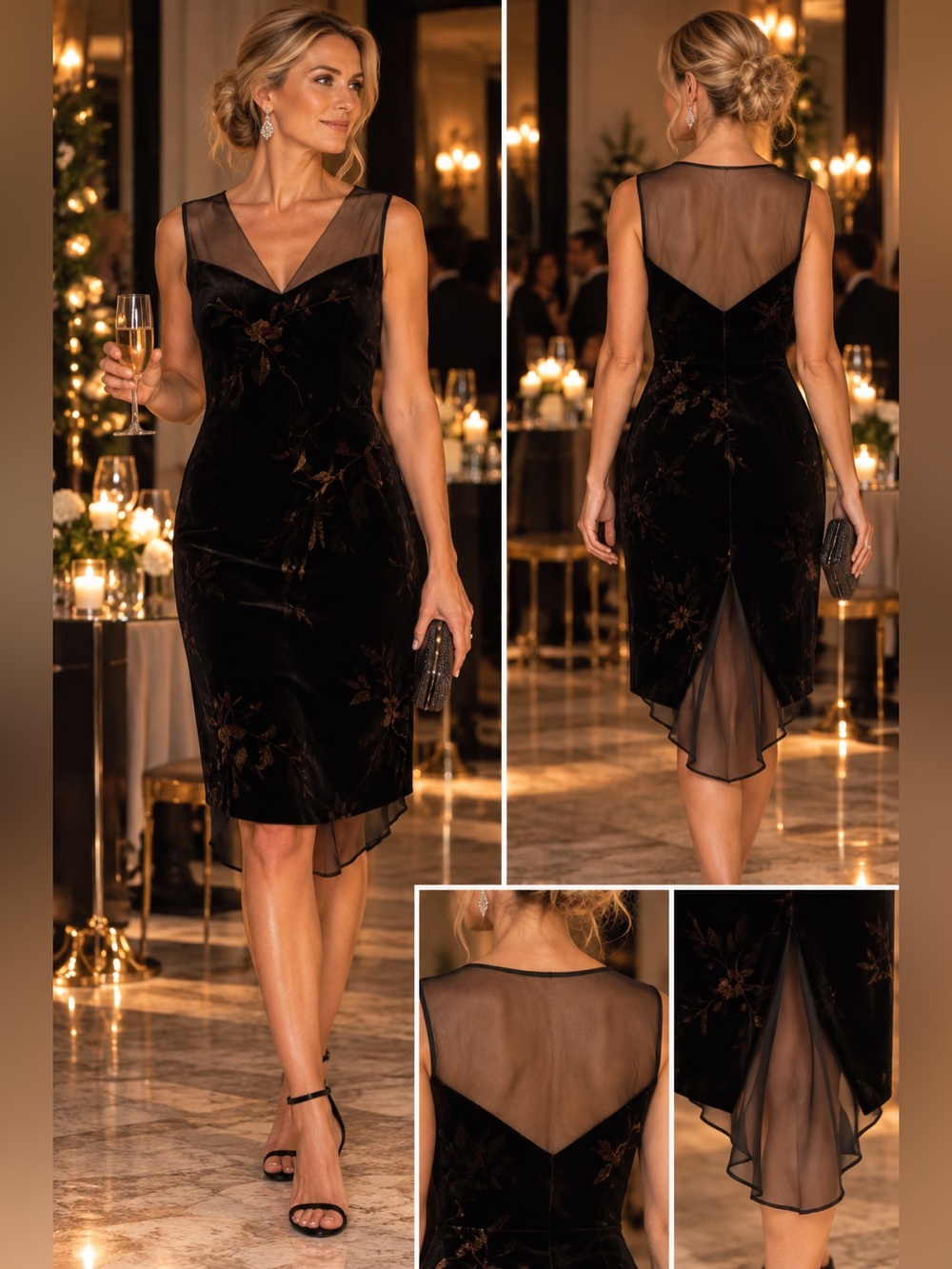 Jones New York Black Velvet Floral Midi Dress with Sheer Yoke